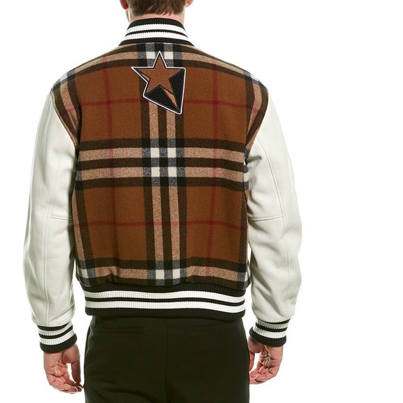 Burberry Leather Sleeve Wool-Blend Bomber Jacket - Picture 2 of 5